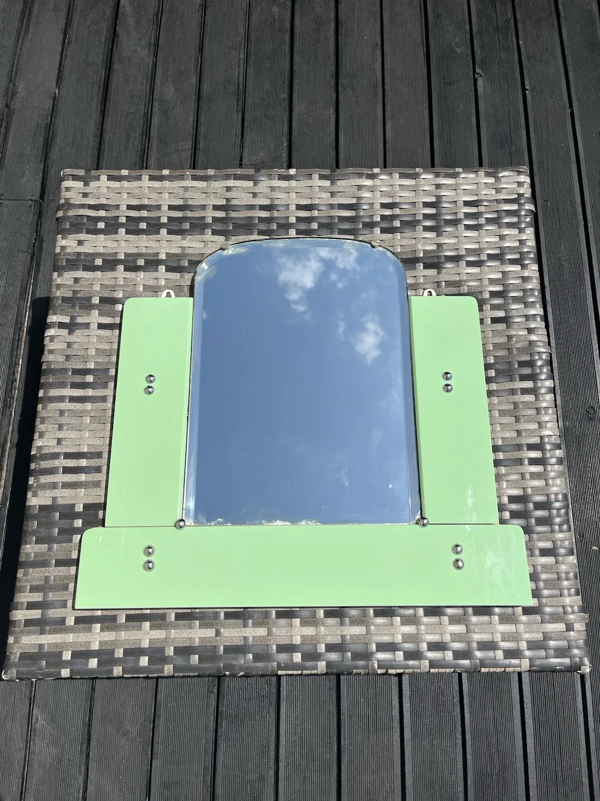Antique 30s Art Deco Arched Bevelled Green Vitrolite Bathroom Mantel Wall Mirror photo buy