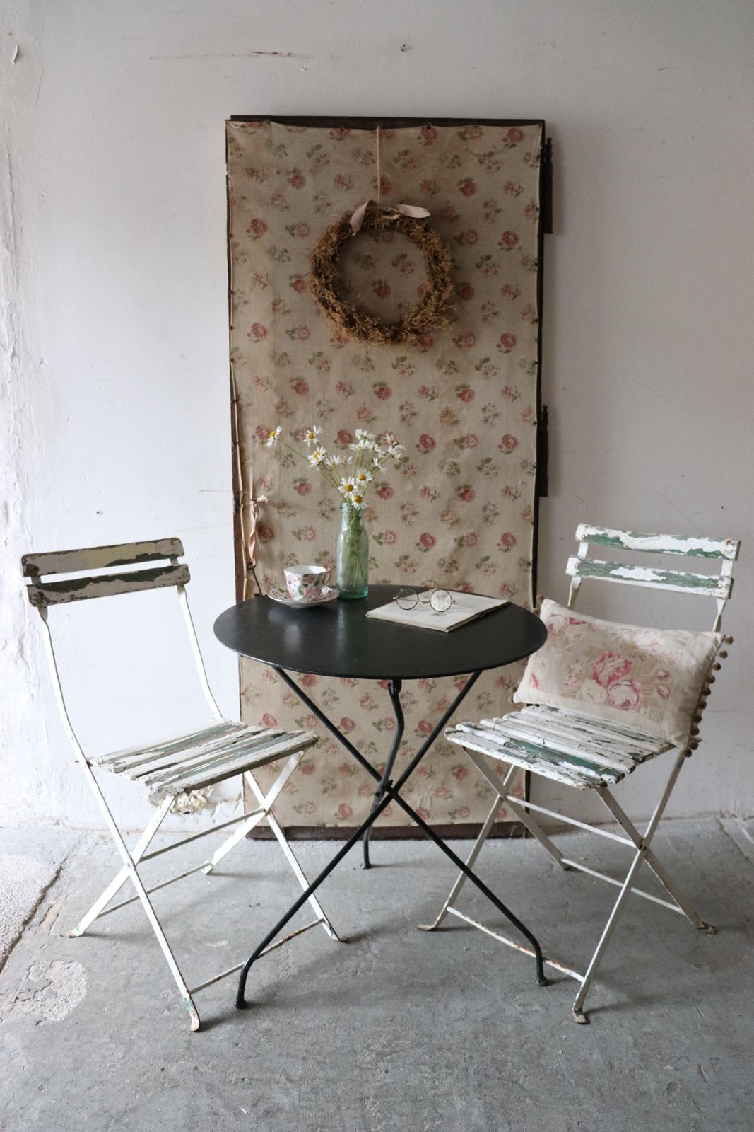 Pair Of Green And White Vintage French Slatted Folding Cafe Or Garden Chairs