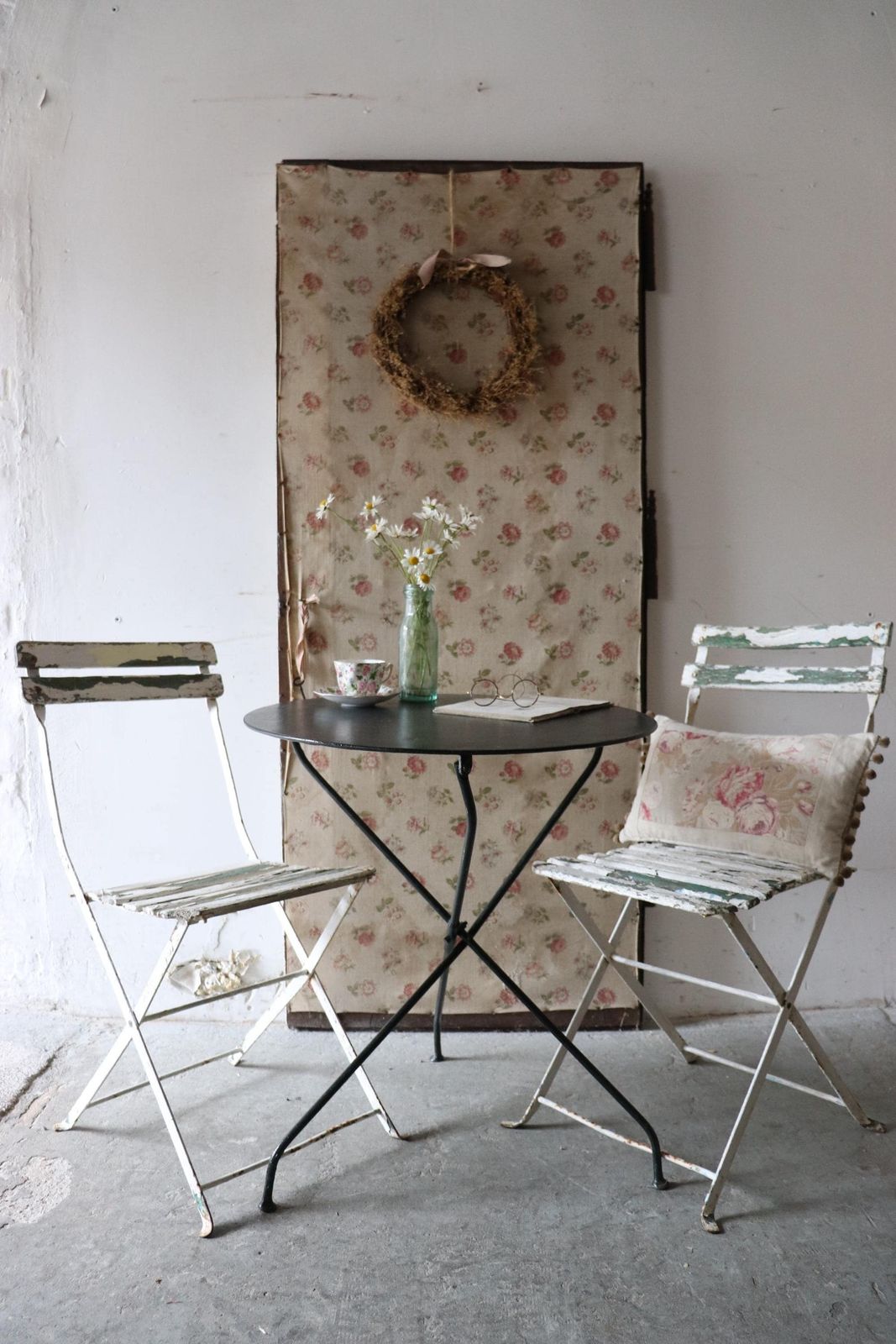 Pair Of Green And White Vintage French Slatted Folding Cafe Or Garden Chairs photo furniture