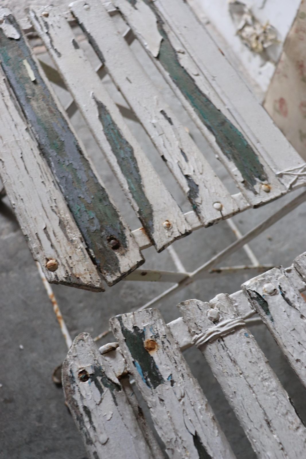 Pair Of Green And White Vintage French Slatted Folding Cafe Or Garden Chairs photo vintage