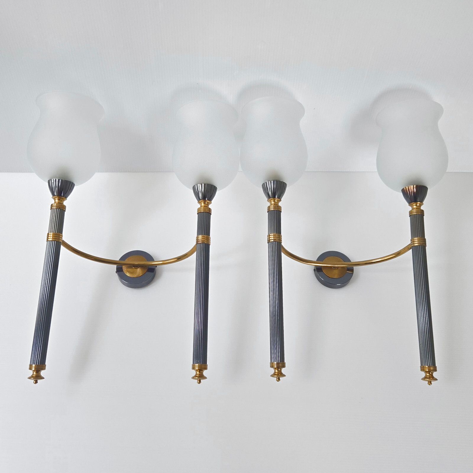 Pair Of Vintage 1950 Metal Brass & Glass Torch Sconces 50s