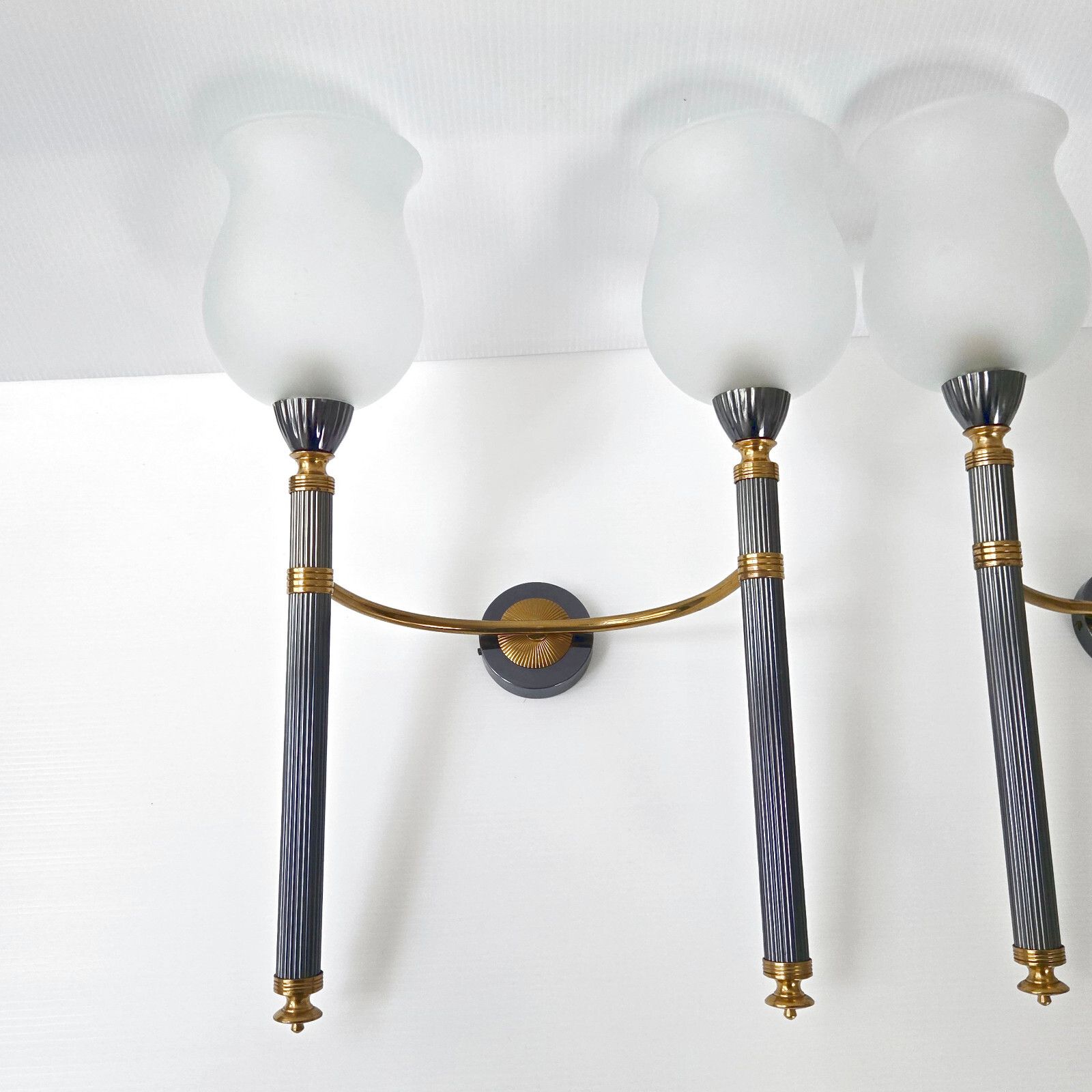 Pair Of Vintage 1950 Metal Brass & Glass Torch Sconces 50s photo furniture