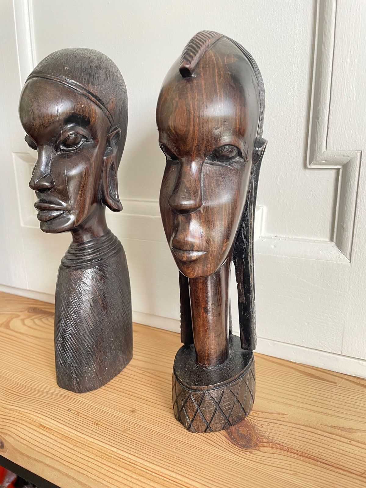 Pair Of Male And Female Ebony Hand Carved African Busts photo for sale