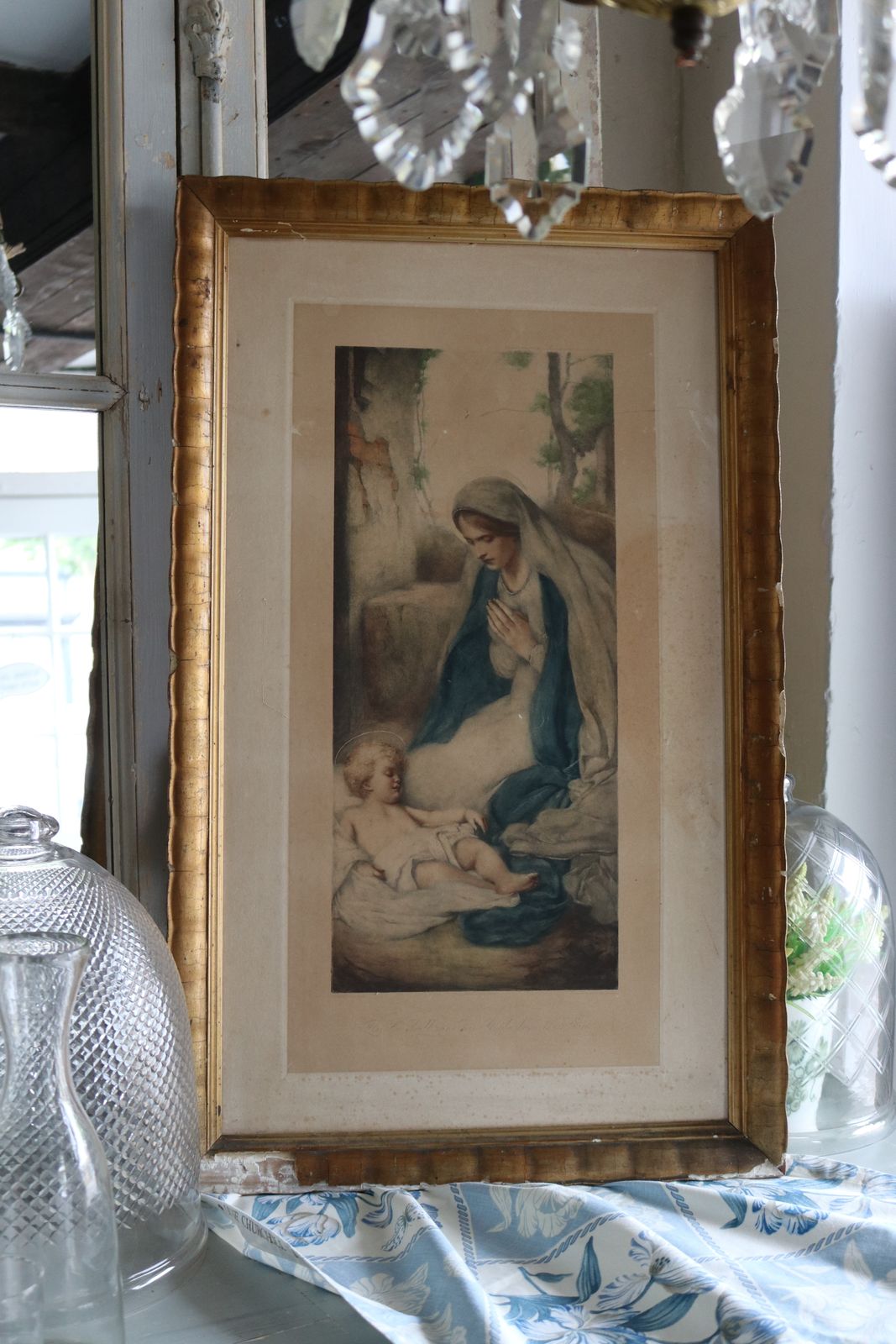 Antique Religious Print Mounted With Gold Plaster Frame / Madonna & Child / Mary photo Art