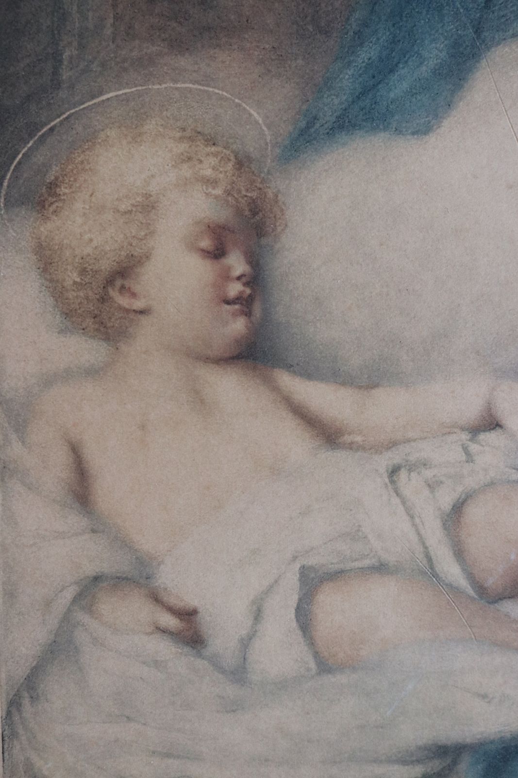 photo vintage Antique Religious Print Mounted With Gold Plaster Frame / Madonna & Child / Mary