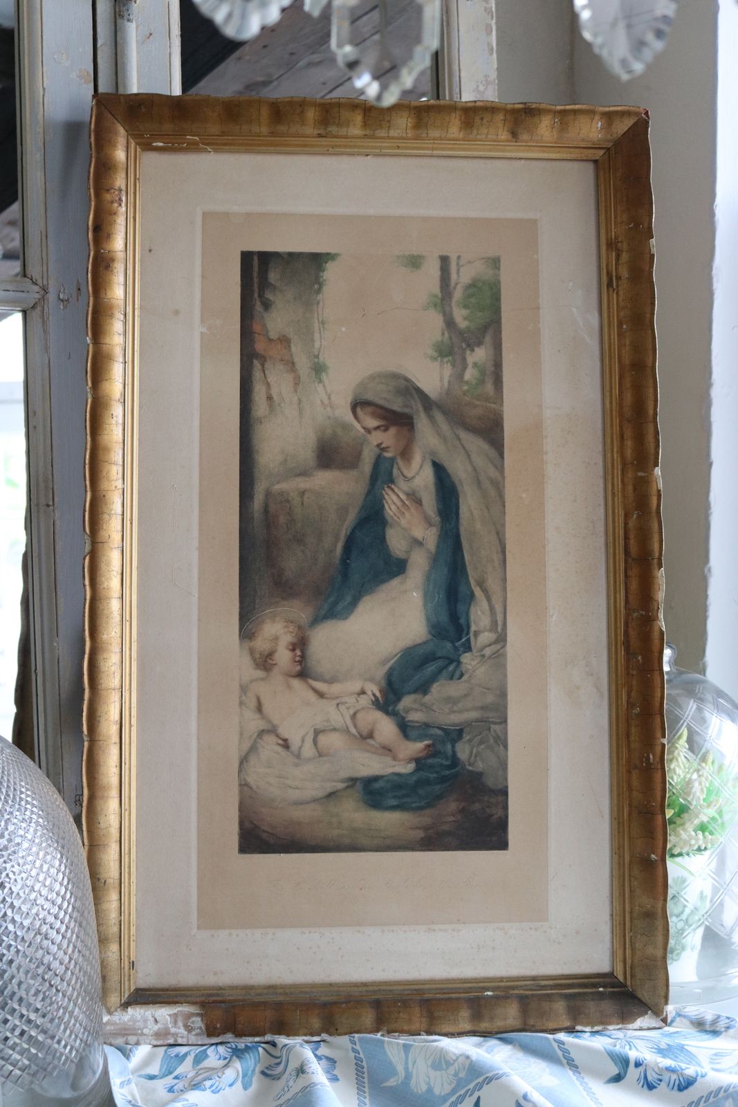 Antique Religious Print Mounted With Gold Plaster Frame / Madonna & Child / Mary