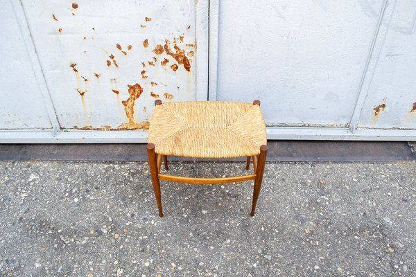 Vintage Italiaanse Houten Kruk Met Rieten Zitting, Jaren 1960 photo for sale
