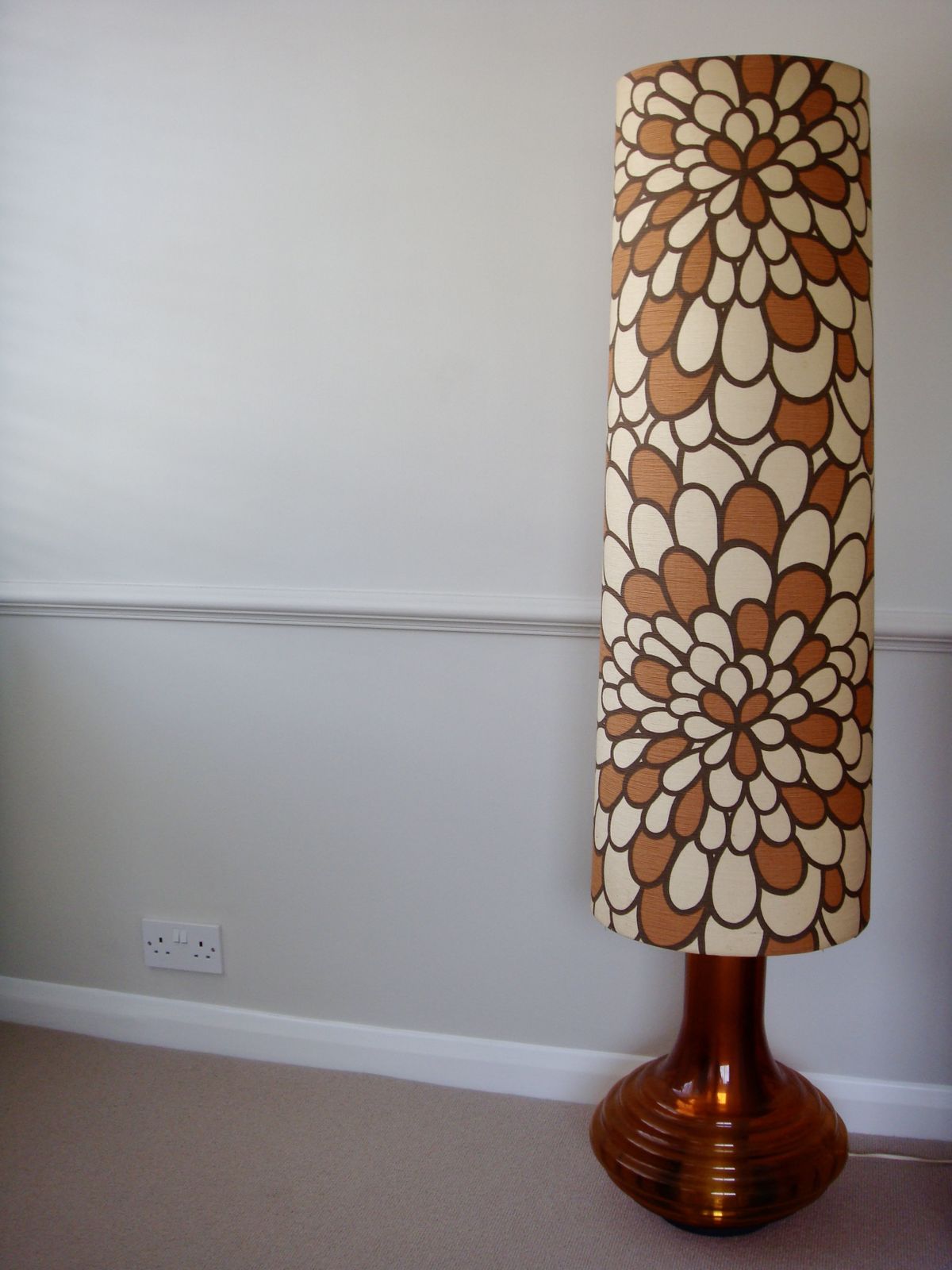 Xl Retro Glass Floor Lamp With Xl Original Lampshade, 1960s, Mid Century