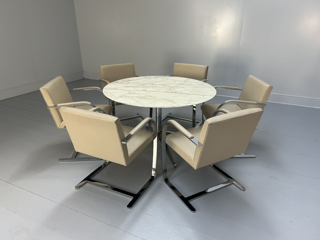 photo for sale Knoll Studio “Florence Knoll” Round Dining Table & 4 “Brno” Armchair Suite – In “Carrara” Marble & Leather