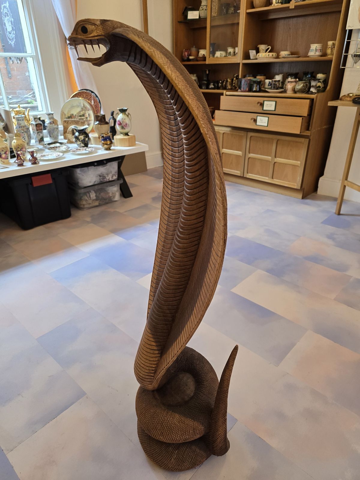 Large Hardwood Mid Century Modern Cobra Snake Statue   Hand Carved Statement Piece photo Art