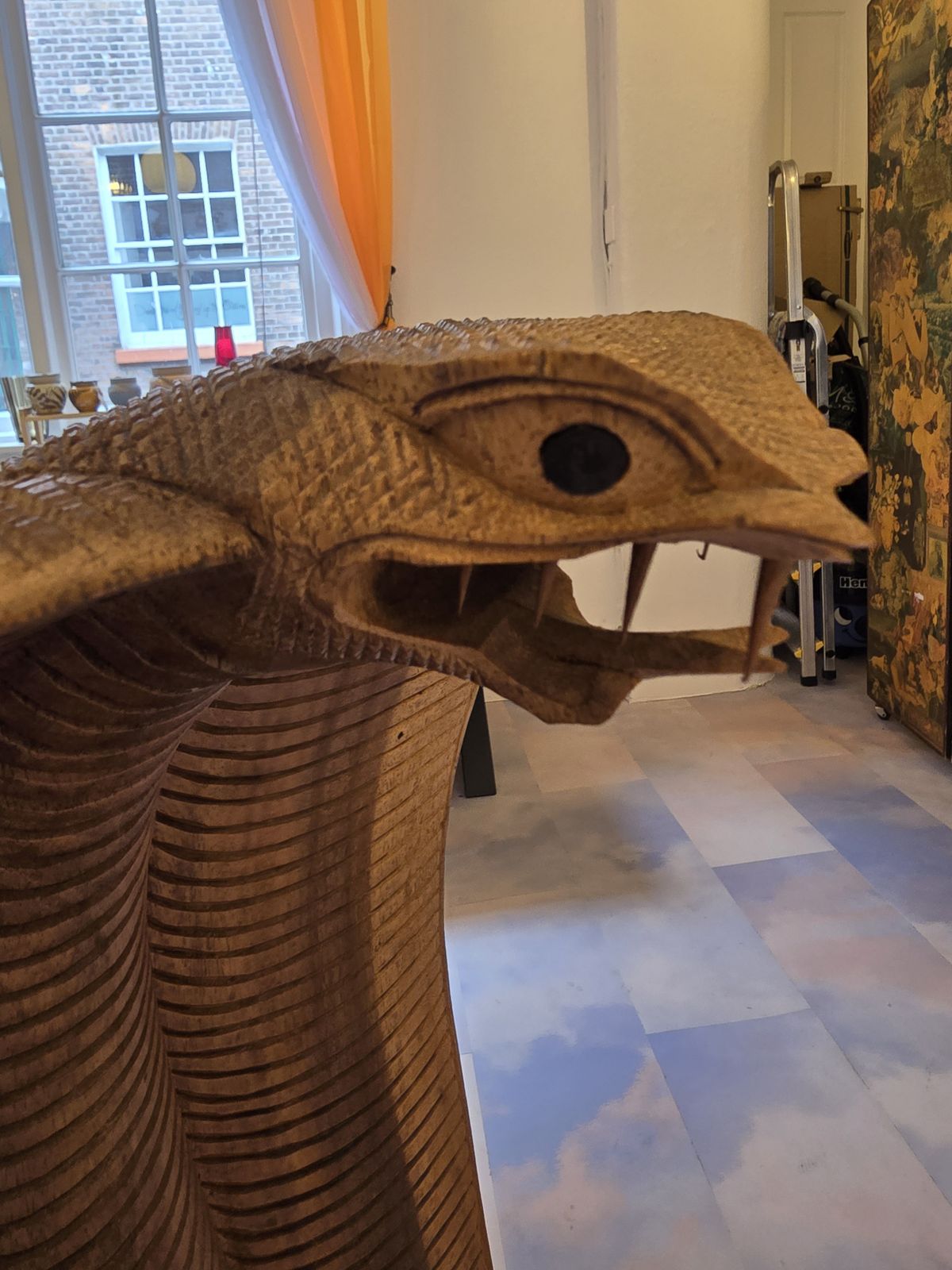 Large Hardwood Mid Century Modern Cobra Snake Statue   Hand Carved Statement Piece photo buy