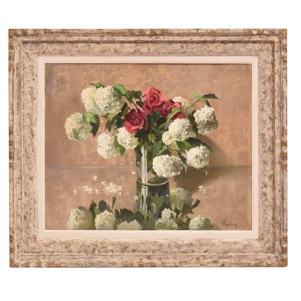 Antique Flower Painting, Still Life, Pink Roses And May Ball, Oil On Canvas, 20th Century.