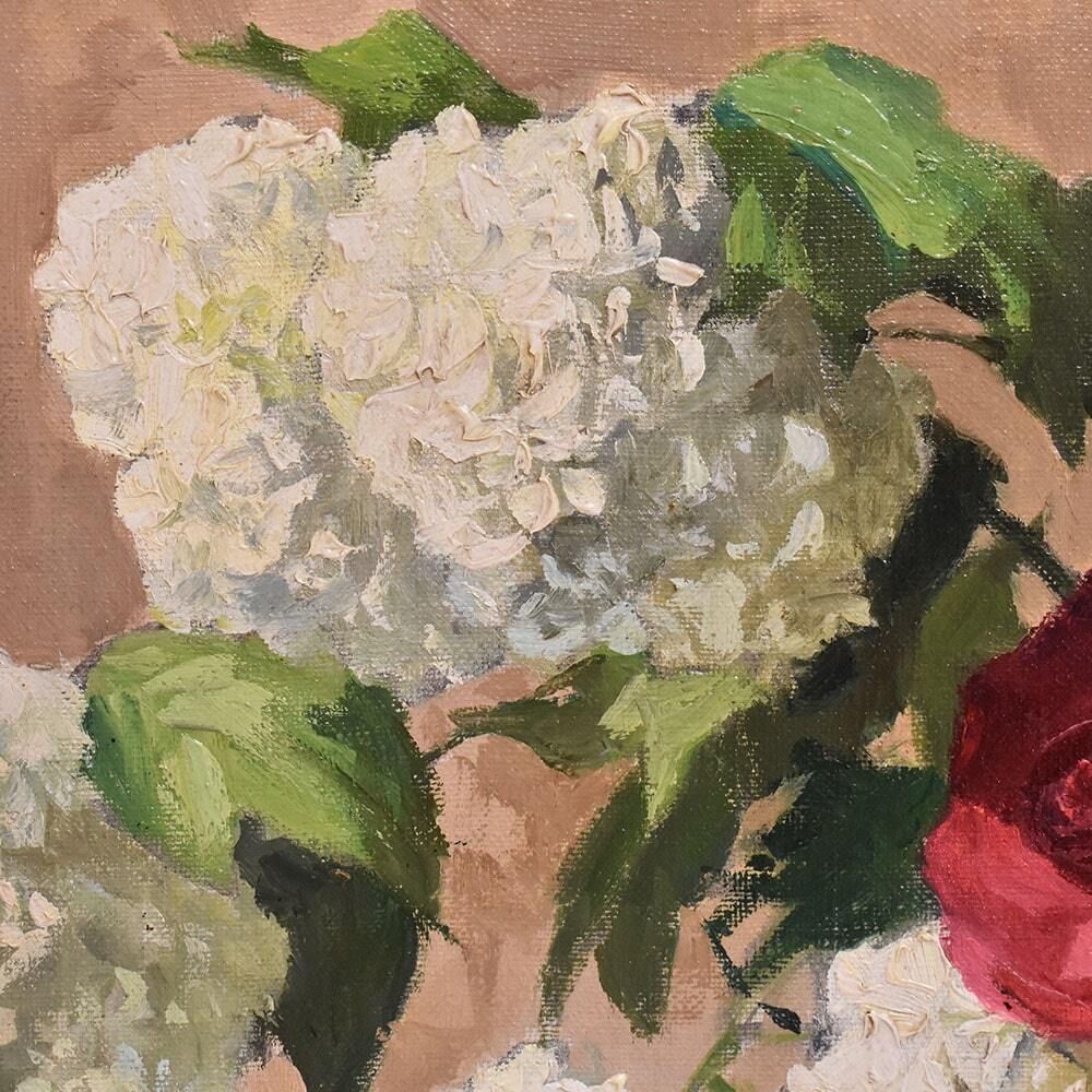 Antique Flower Painting, Still Life, Pink Roses And May Ball, Oil On Canvas, 20th Century. photo vinterior