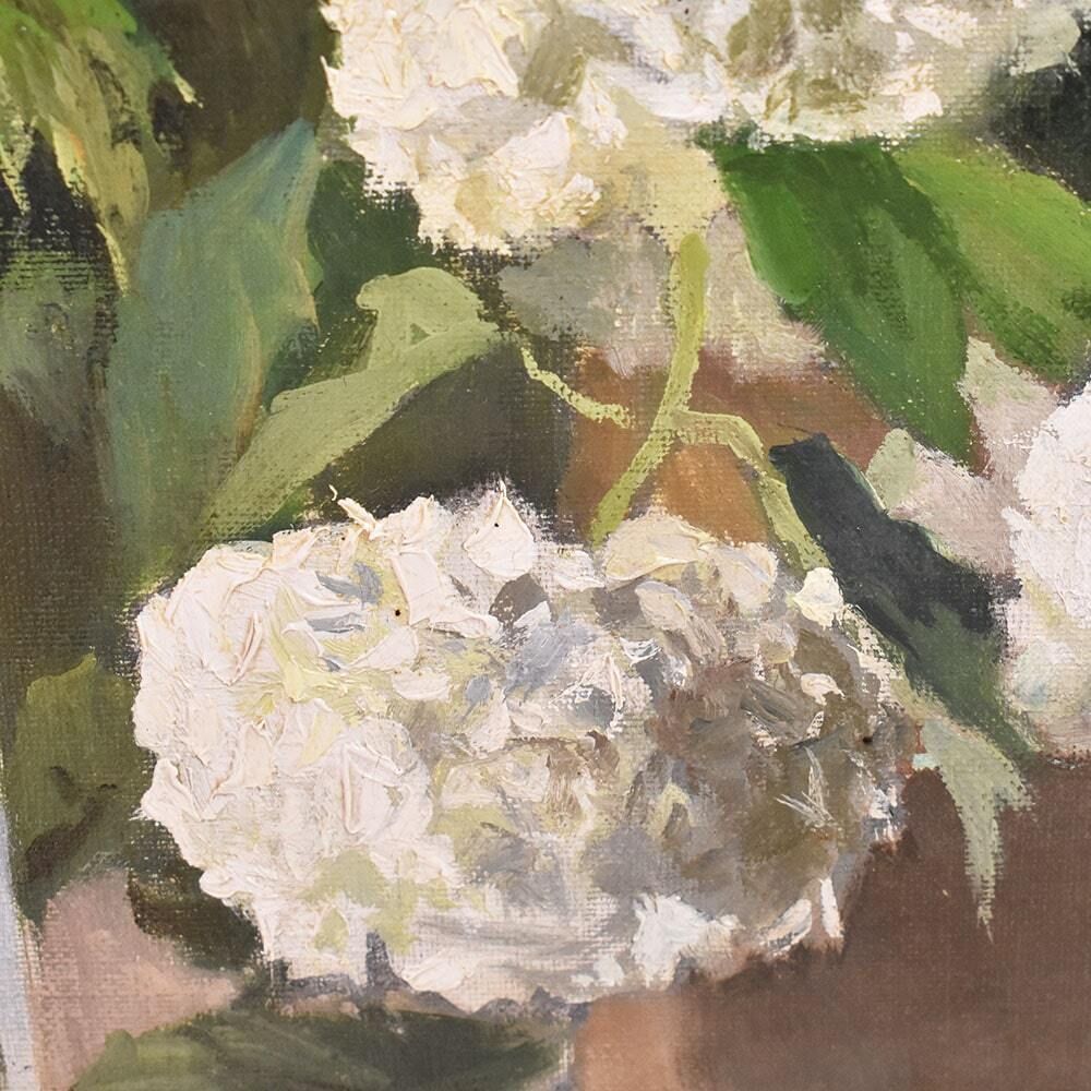 Antique Flower Painting, Still Life, Pink Roses And May Ball, Oil On Canvas, 20th Century. photo vintage