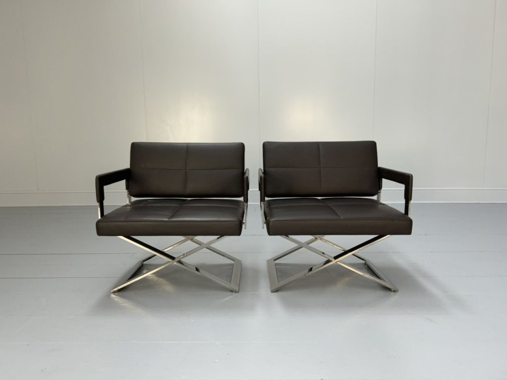 Pair Of Poltrona Frau “Aster X” Lounge Armchairs – In Dark Brown “Pelle Frau” Leather