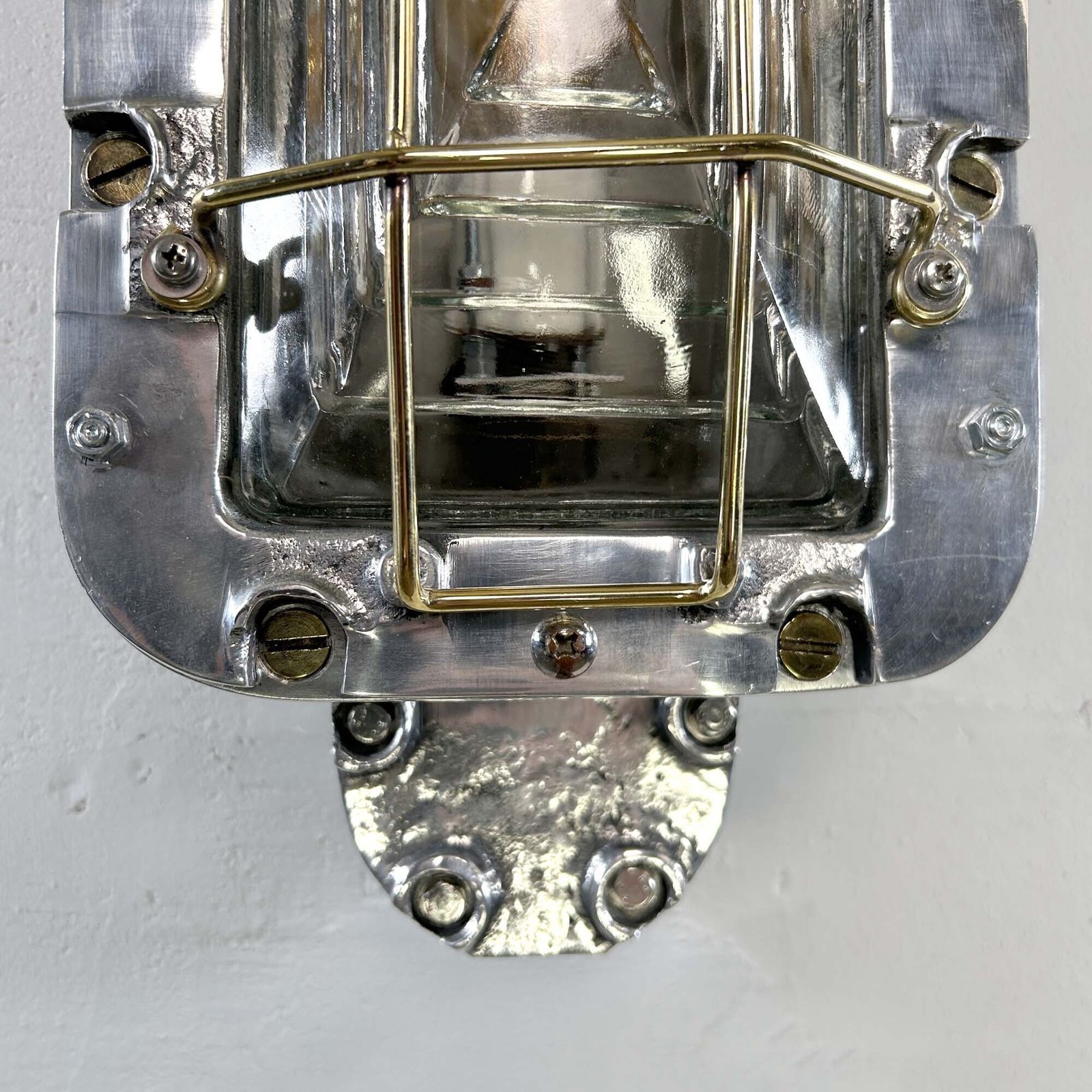 Large Industrial Rectangular Aluminium Wall Light With Brass Cage photo vinterior