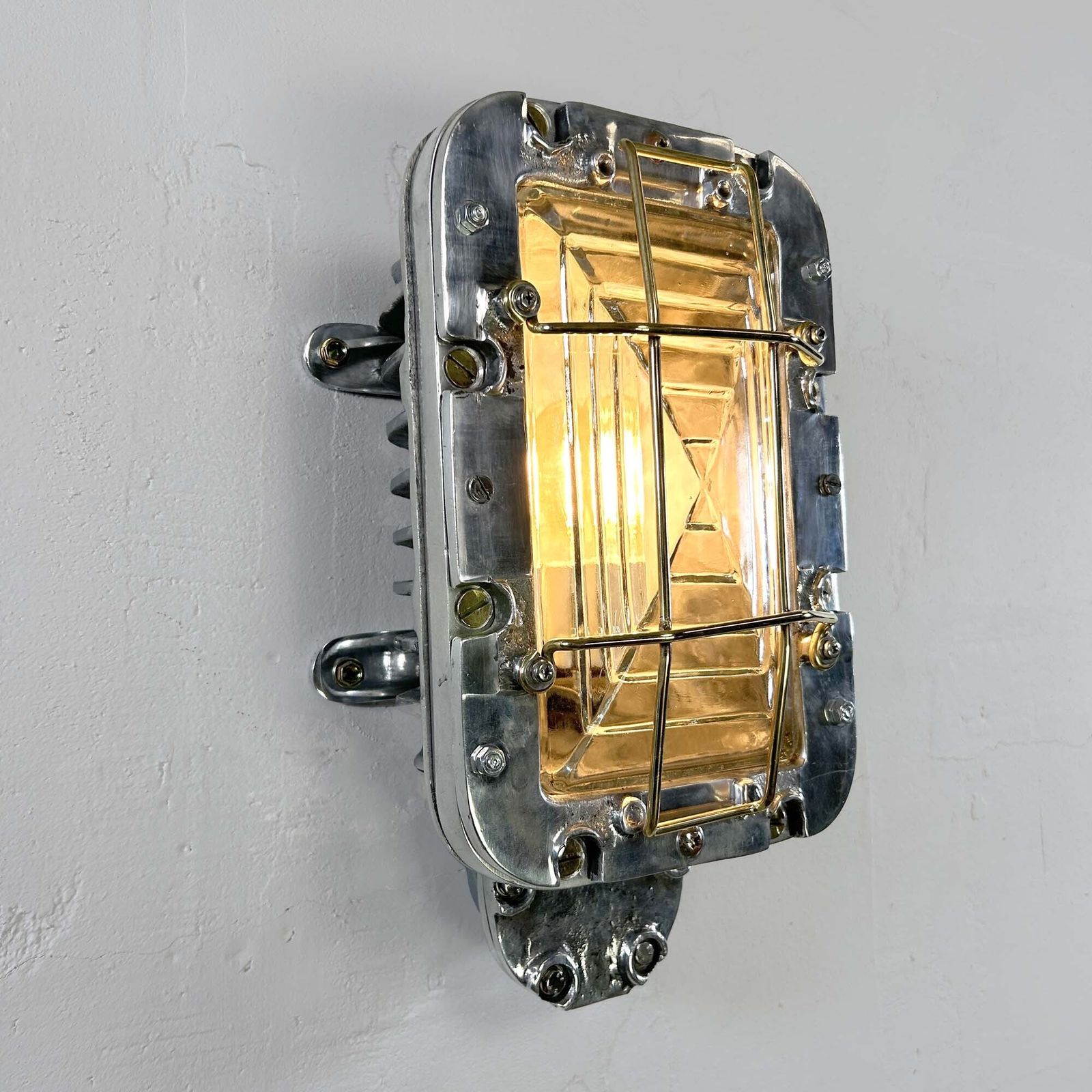 Large Industrial Rectangular Aluminium Wall Light With Brass Cage photo vintage