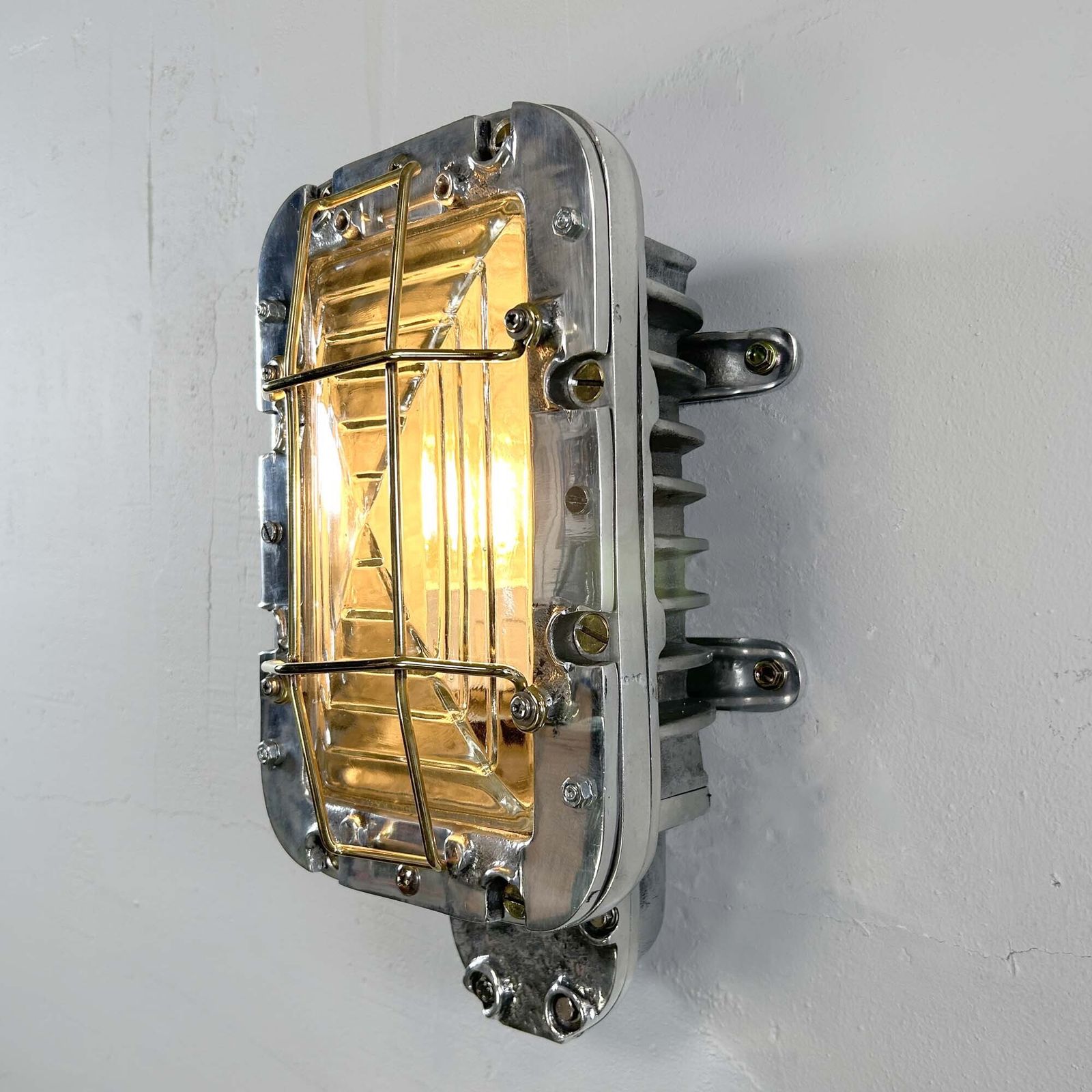 photo for sale Large Industrial Rectangular Aluminium Wall Light With Brass Cage