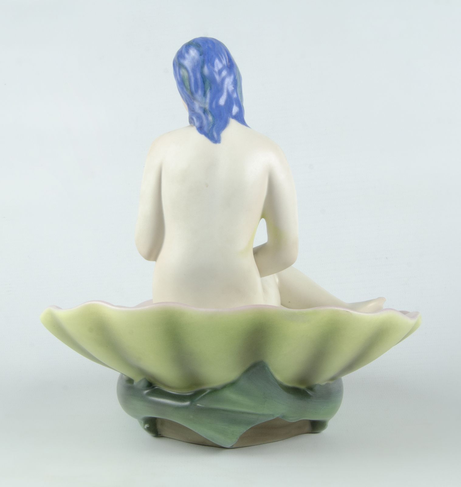 1930s Torino Glazed Porcelain Sculpture Of Seated Venus On Shell Over Dolphins, Manufactured By Lenci, Italy photo vintage