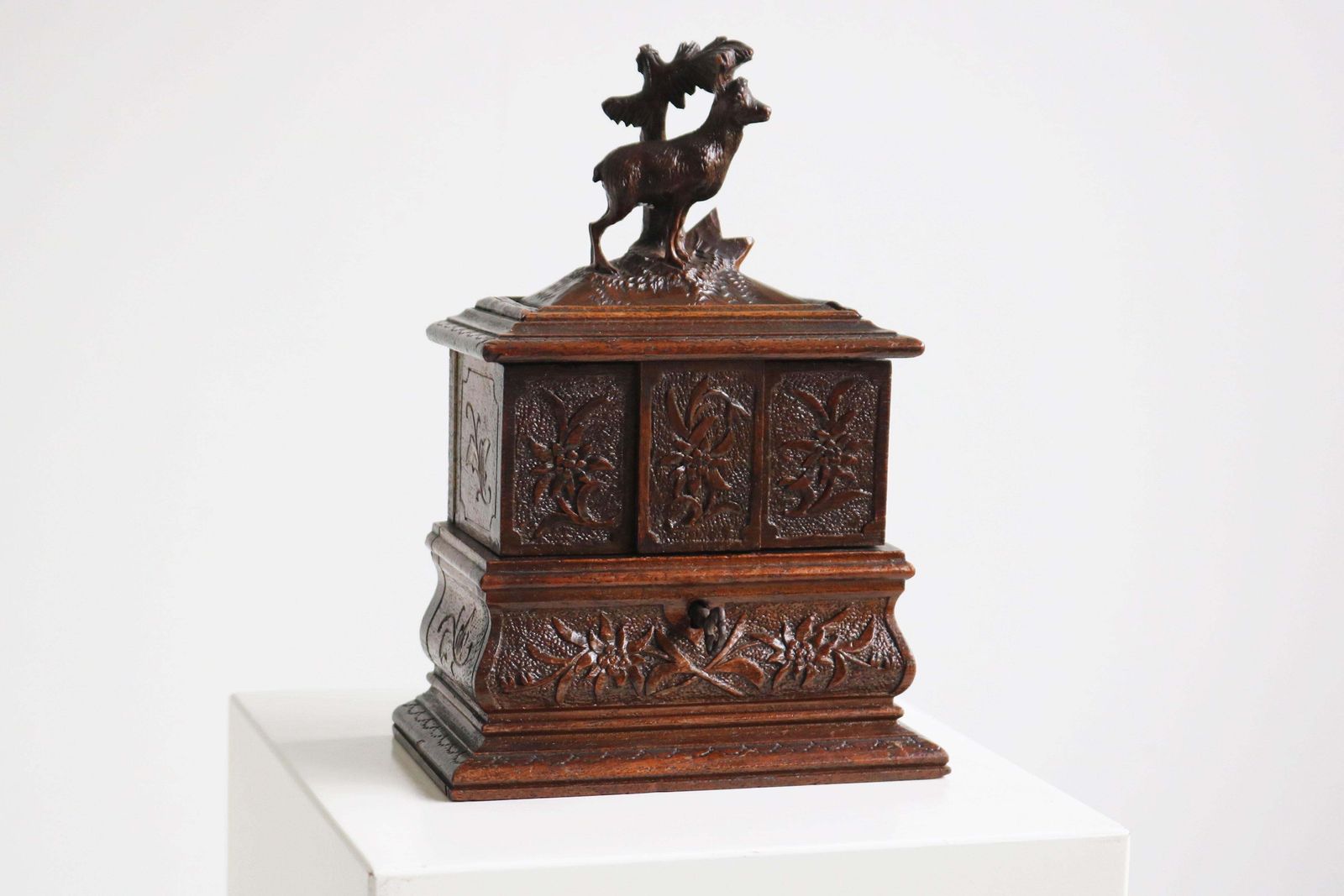 Antique Black Forest 19th Century Jewelry Box Carved Fruitwood Red Velvet Chest photo furniture