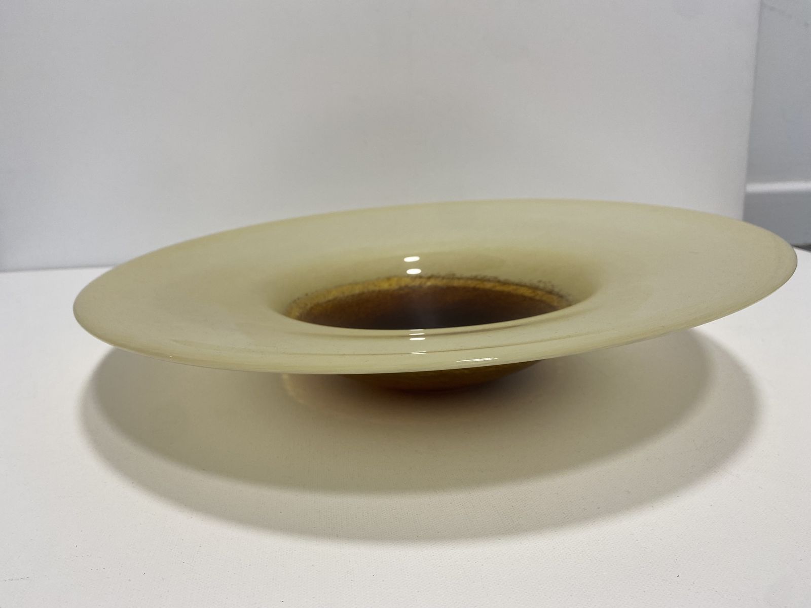 Xl Murano Glass Round Fruit Bowl Table Plate Yellow Brown Italian Vintage 1970s
