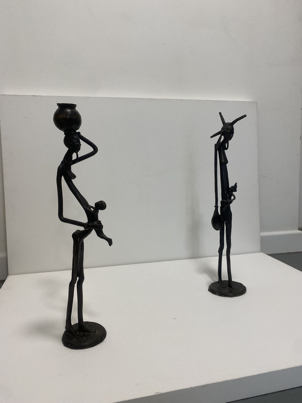 Tall Bronze Masai Pair Sculptures 1960s Vintage Kenya Mother Baby Giacometti