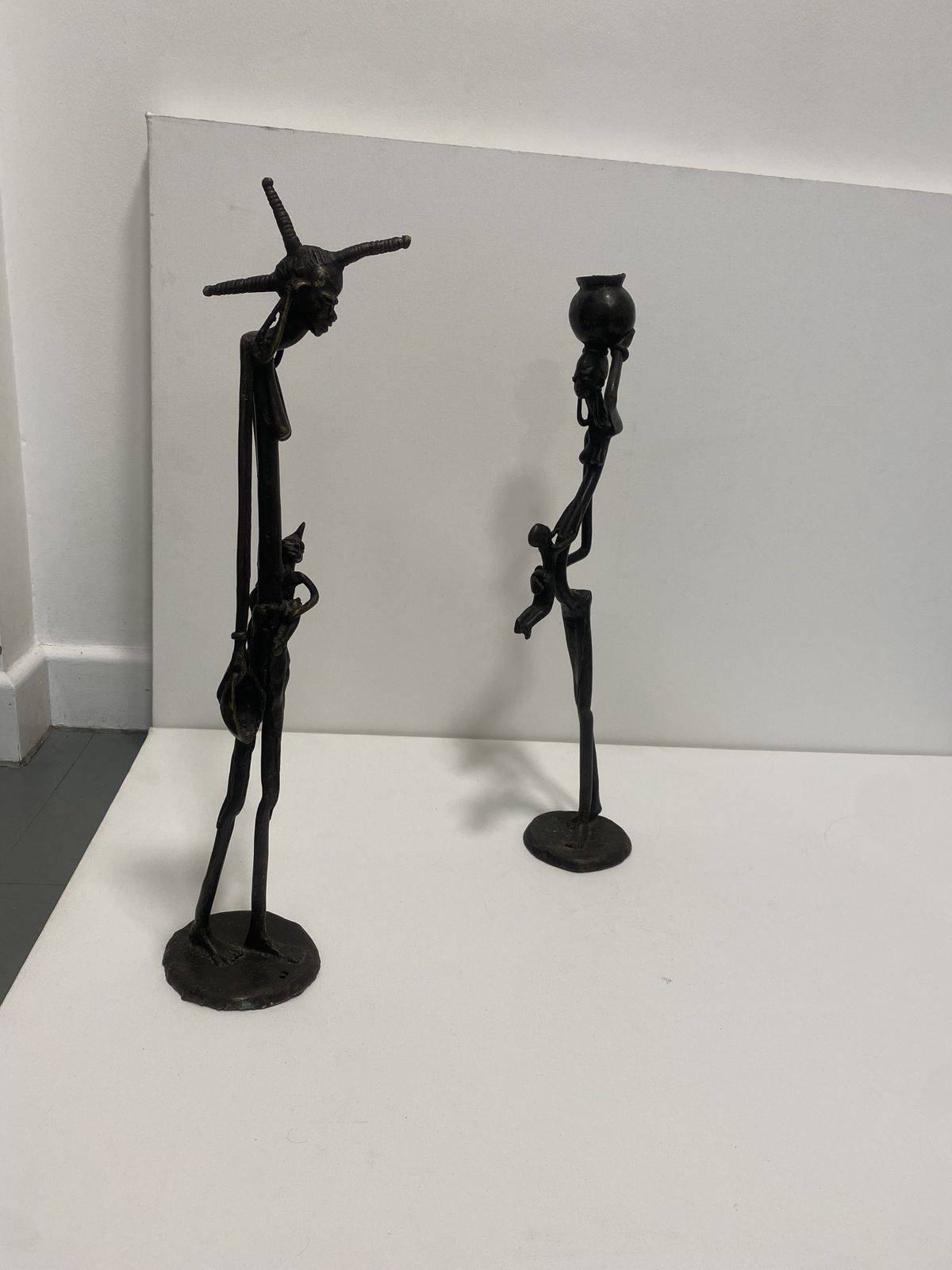 Art Tall Bronze Masai Pair Sculptures 1960s Vintage Kenya Mother Baby Giacometti photo