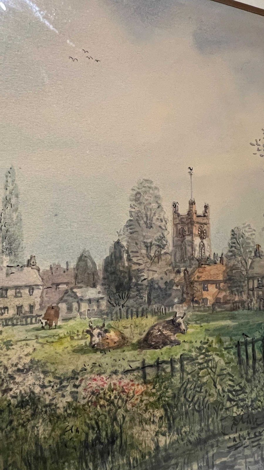 Elegant Mid Century Signed Watercolour Of An English Village Landscape With Swans And Church Tower photo 99.0