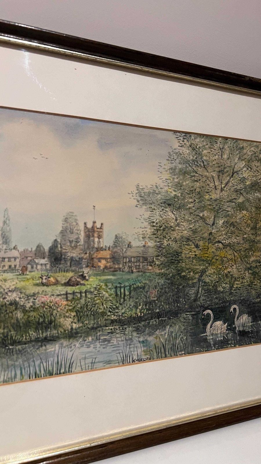 Elegant Mid Century Signed Watercolour Of An English Village Landscape With Swans And Church Tower photo vintage