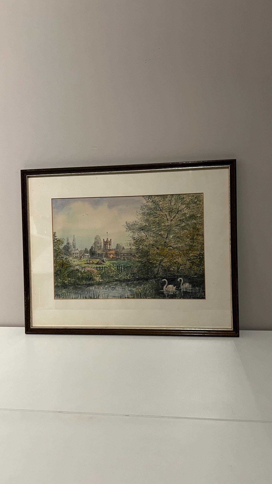 photo for sale Elegant Mid Century Signed Watercolour Of An English Village Landscape With Swans And Church Tower
