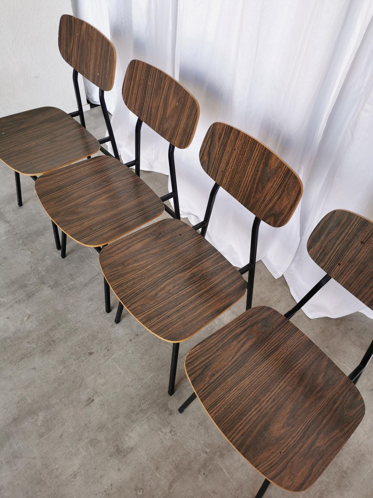 Set Of 4 Vintage School Chairs / Retro Dining Chairs By Stol Kamnik / 1970s Yugoslavia / Industrial Dark Brown Wood And Metal Base photo furniture