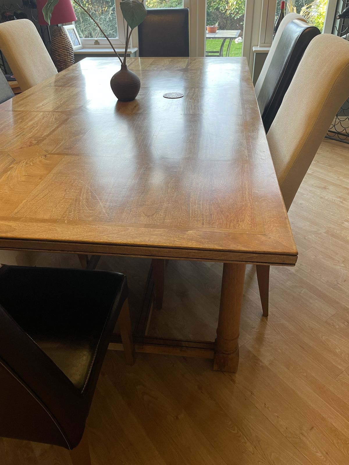 Barker And Stonehouse Solid Fruitwood Dining Table With Inlay Wood Design And 8 Chairs  Four Leather Finish And 4 Cream Fabric photo buy
