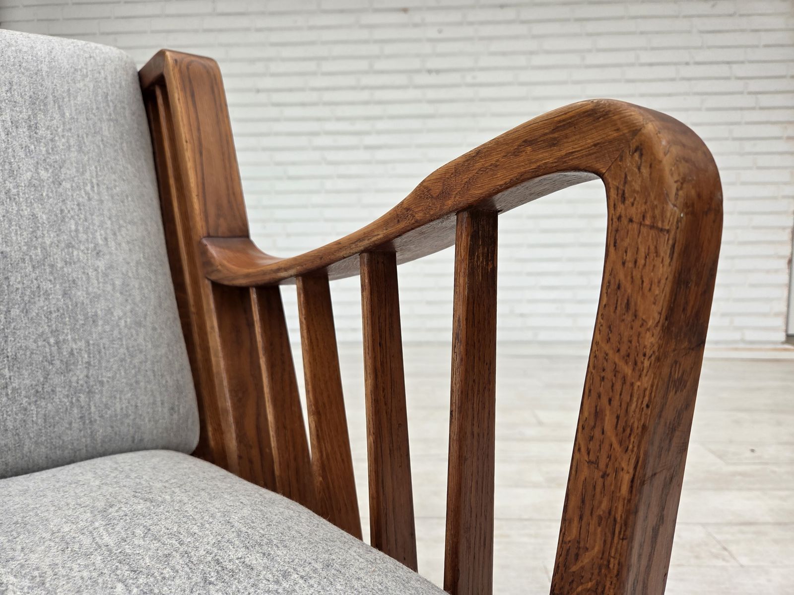 photo for sale 1950s, Scandinavian 2 Seater Sofa, Reupholstered, Furniture Wool, Oak.