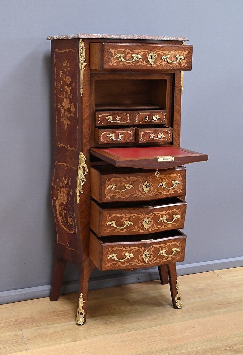 Secretary In Precious Wood Marquetry, Transition Style, Napoleon III Period – Mid 19th Century photo for sale