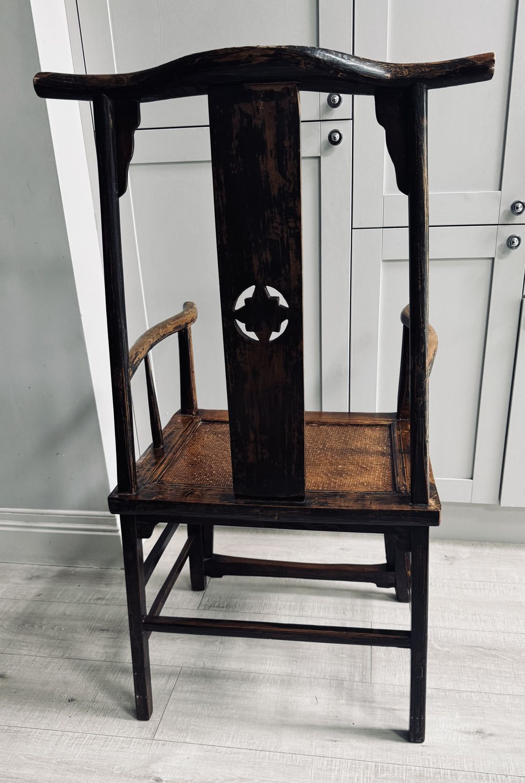 19th/20th Century Chinese Elm Chair With A Carved Pierced Splat And Caned Seat photo vintage