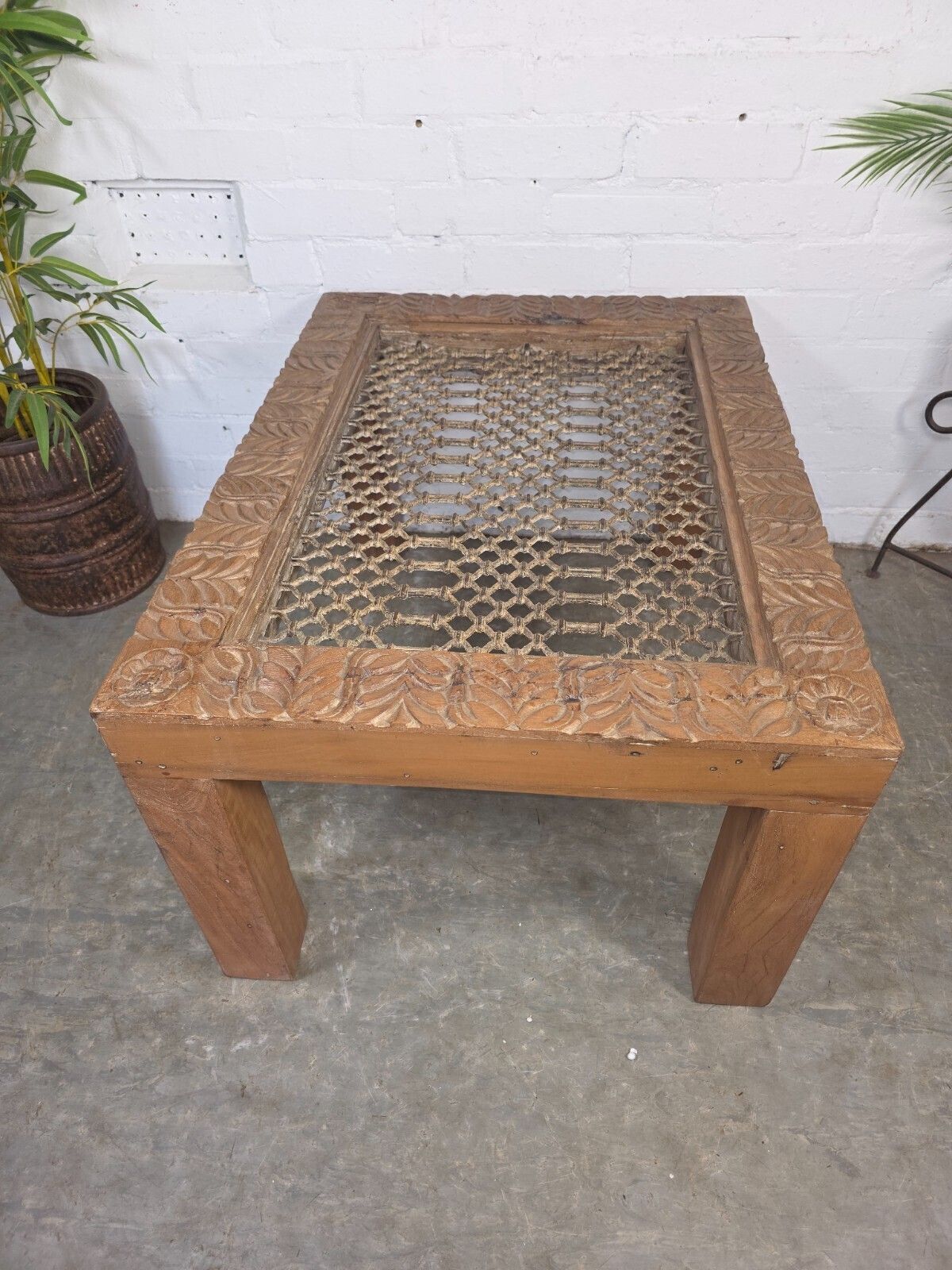 Vintage Reclaimed Indian Solid Wooden Iron Lattice Coffee Side Table Plant Stand photo vintage