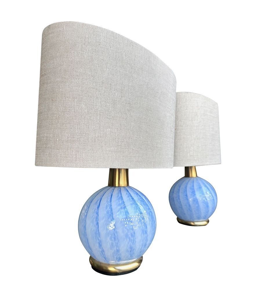 A Lovely Pair Of 1960s Blue Murano Glass And Brass Lamps By La Murrina photo for sale