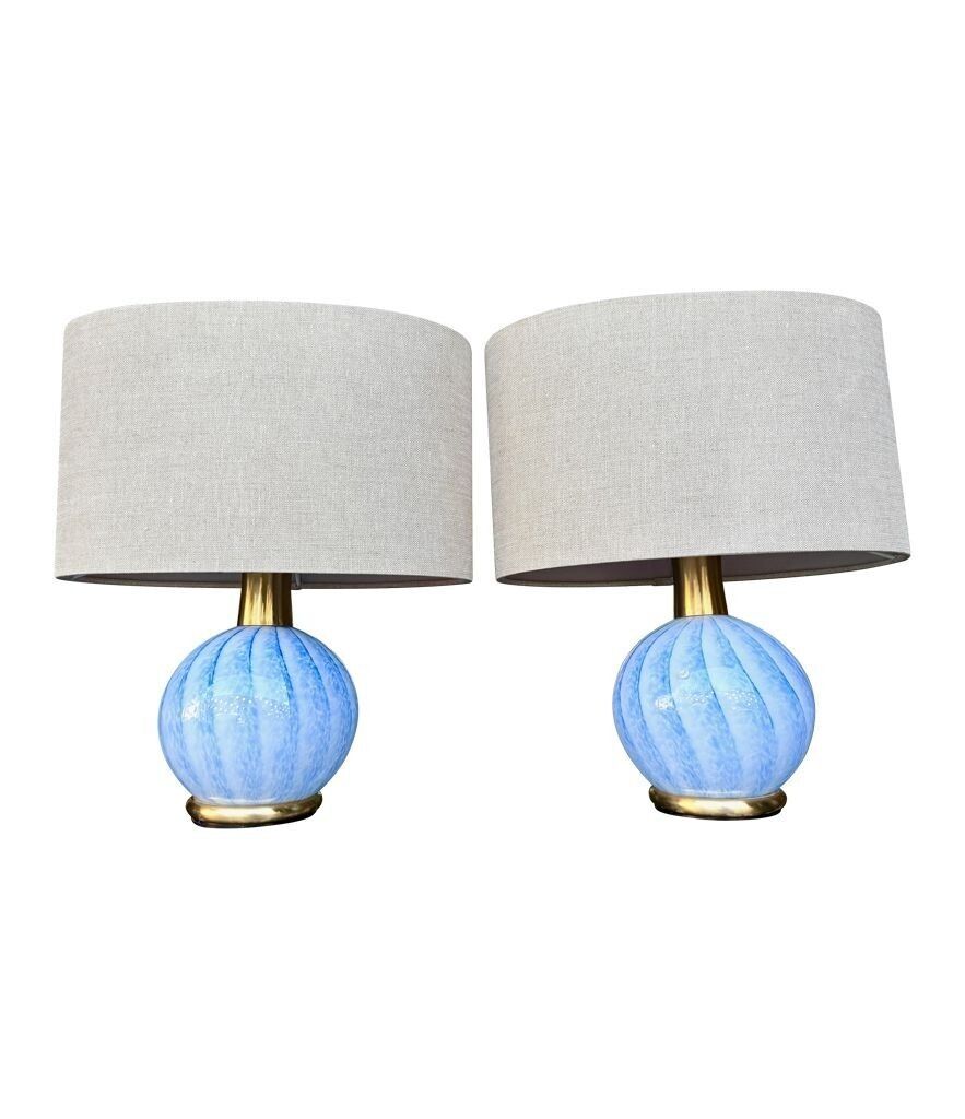 A Lovely Pair Of 1960s Blue Murano Glass And Brass Lamps By La Murrina photo buy