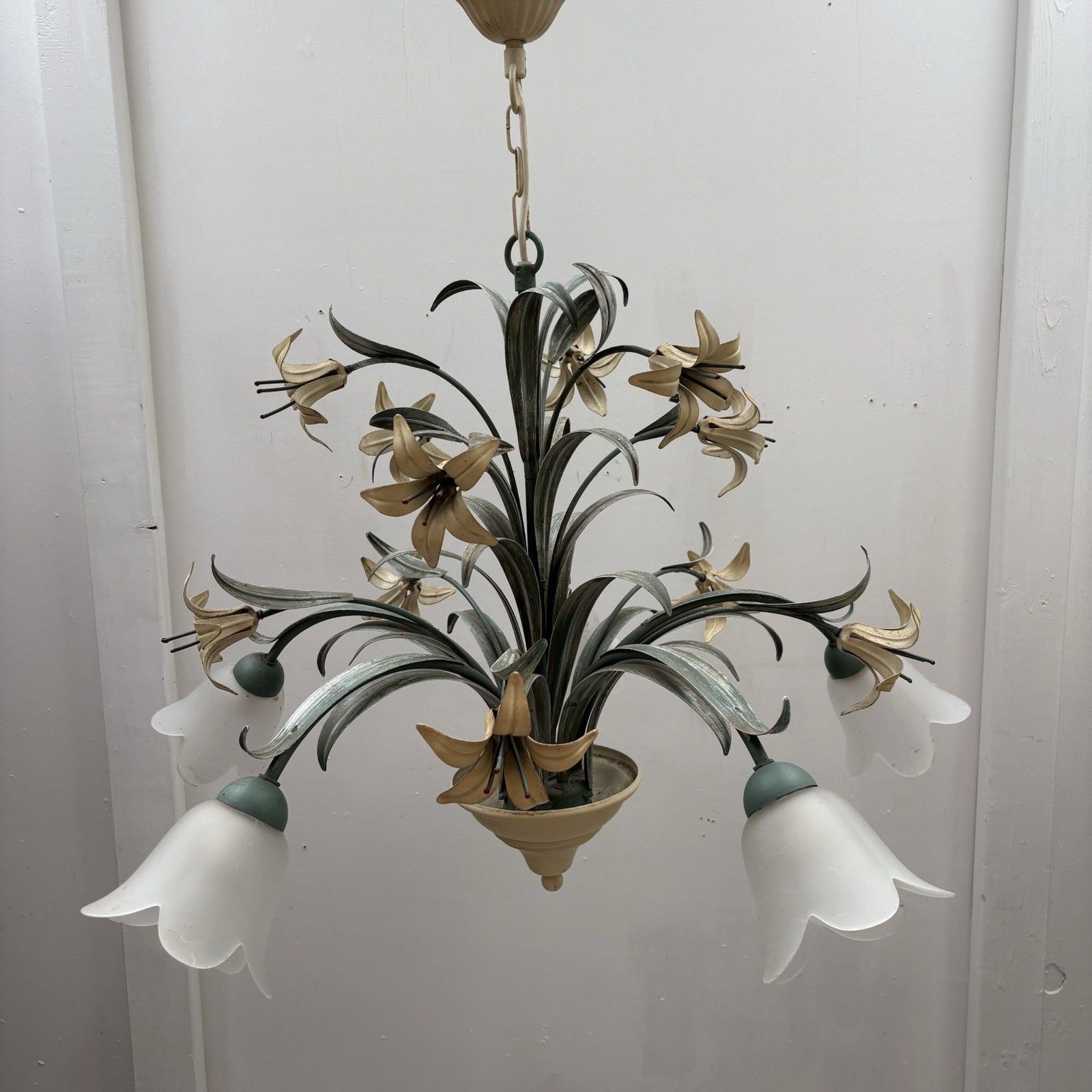 Large Vintage French Foliage And Tulip Hanging Lamp Chandelier 1980s