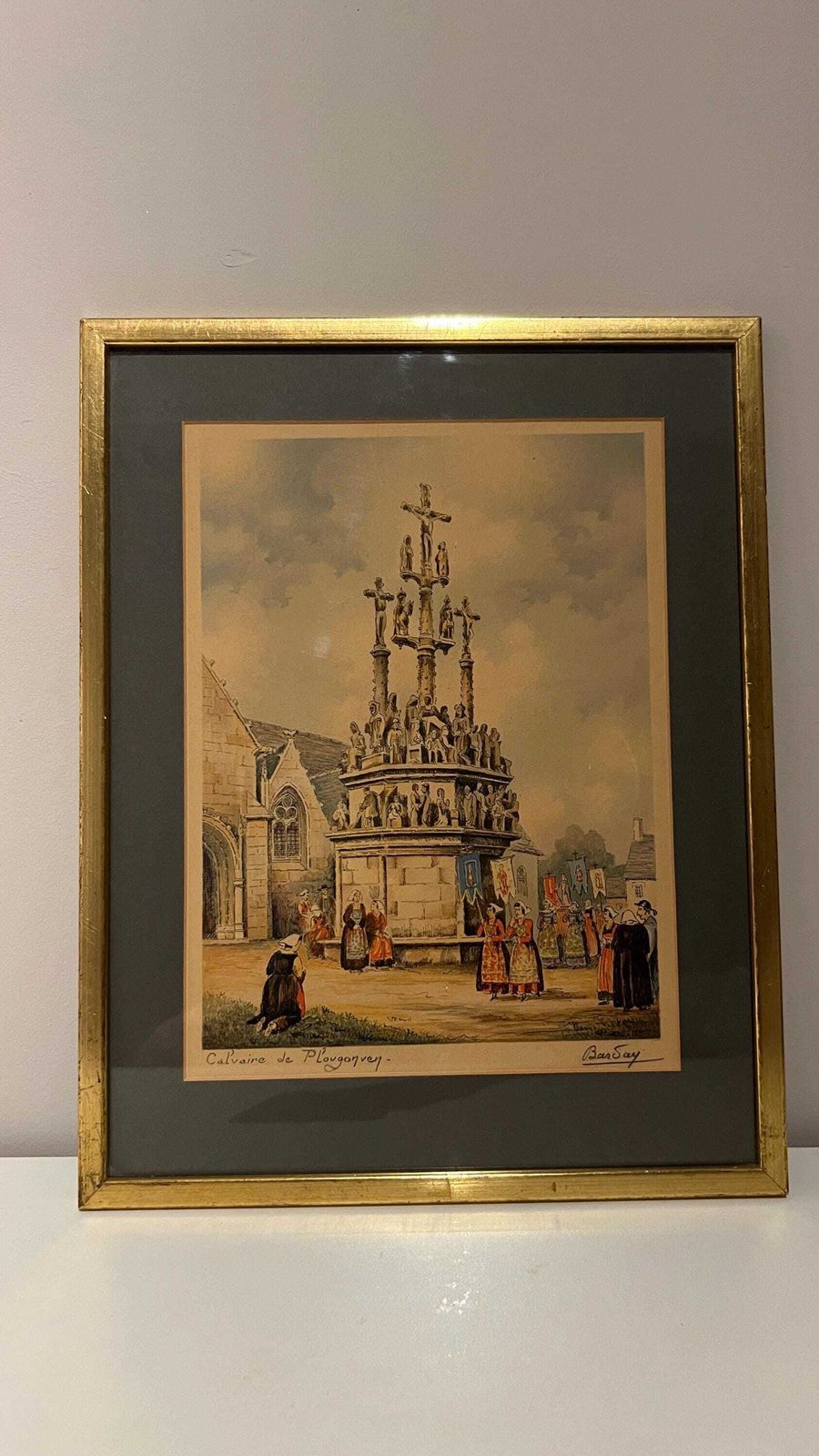 1930s French Lithograph “Calvaire De Plougonnec” By Baugé – Brittany Religious Procession Scene photo furniture