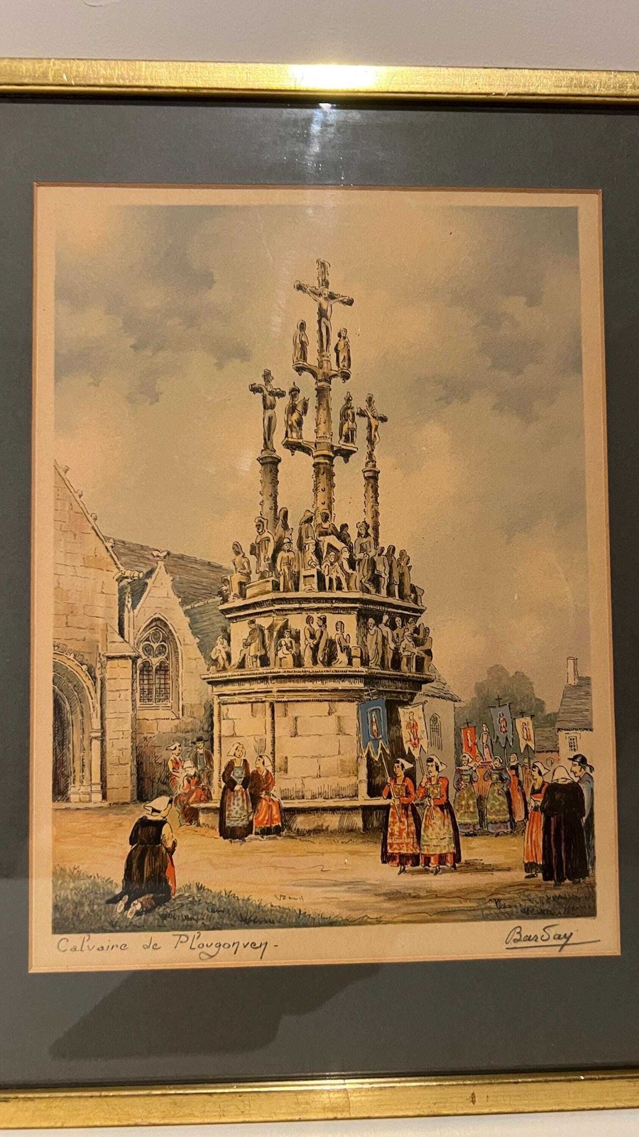 1930s French Lithograph “Calvaire De Plougonnec” By Baugé – Brittany Religious Procession Scene photo for sale