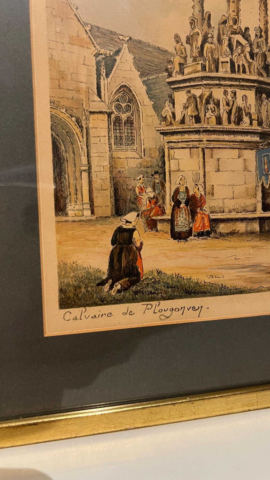 1930s French Lithograph “Calvaire De Plougonnec” By Baugé – Brittany Religious Procession Scene photo Art