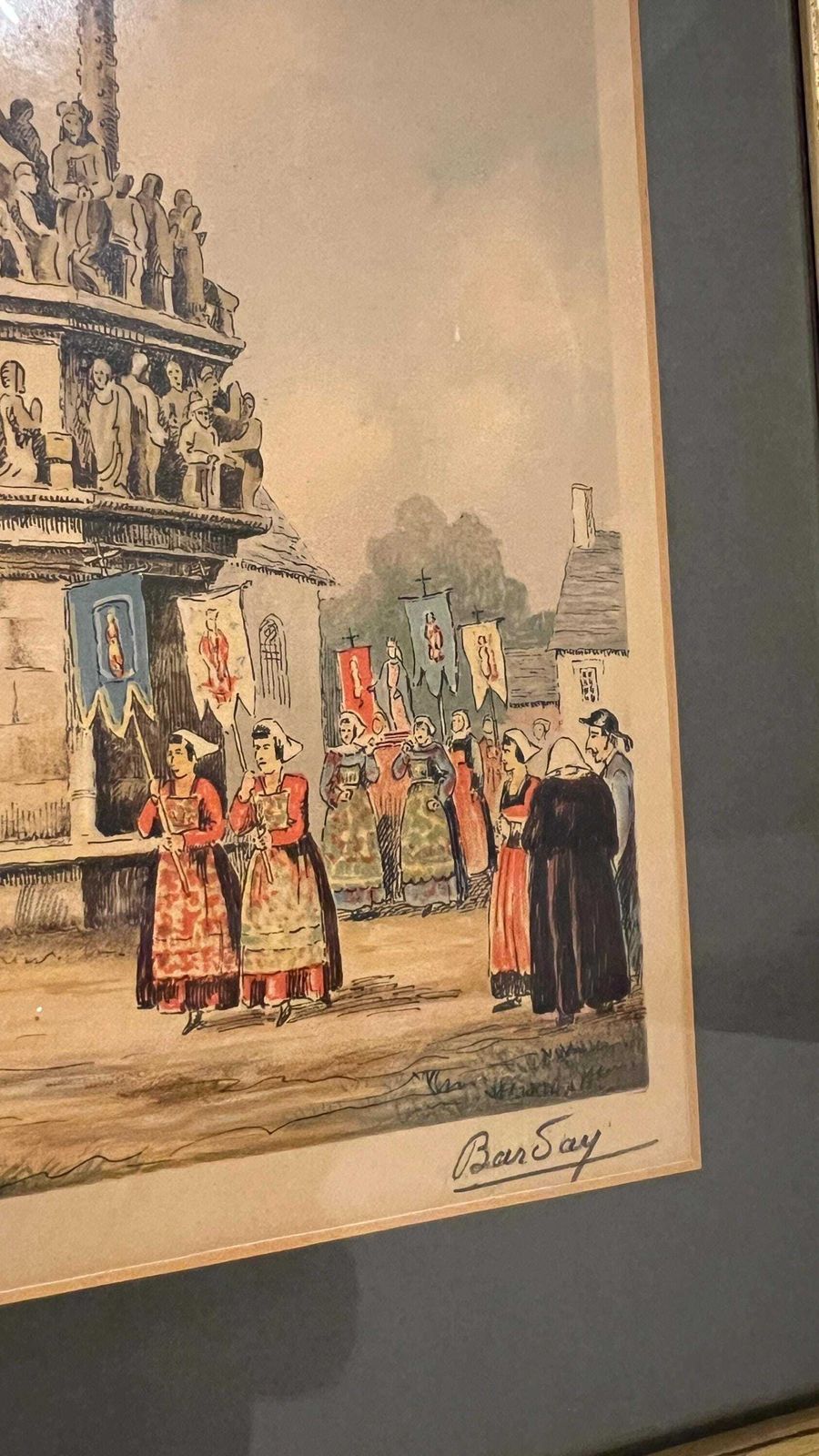 1930s French Lithograph “Calvaire De Plougonnec” By Baugé – Brittany Religious Procession Scene photo buy