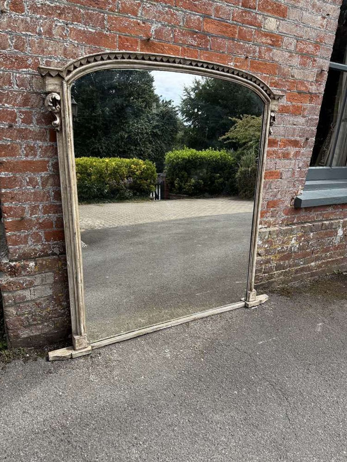 A Wonderful Large Antique English 19th C Shaped Top Painted Overmantle Mirror.