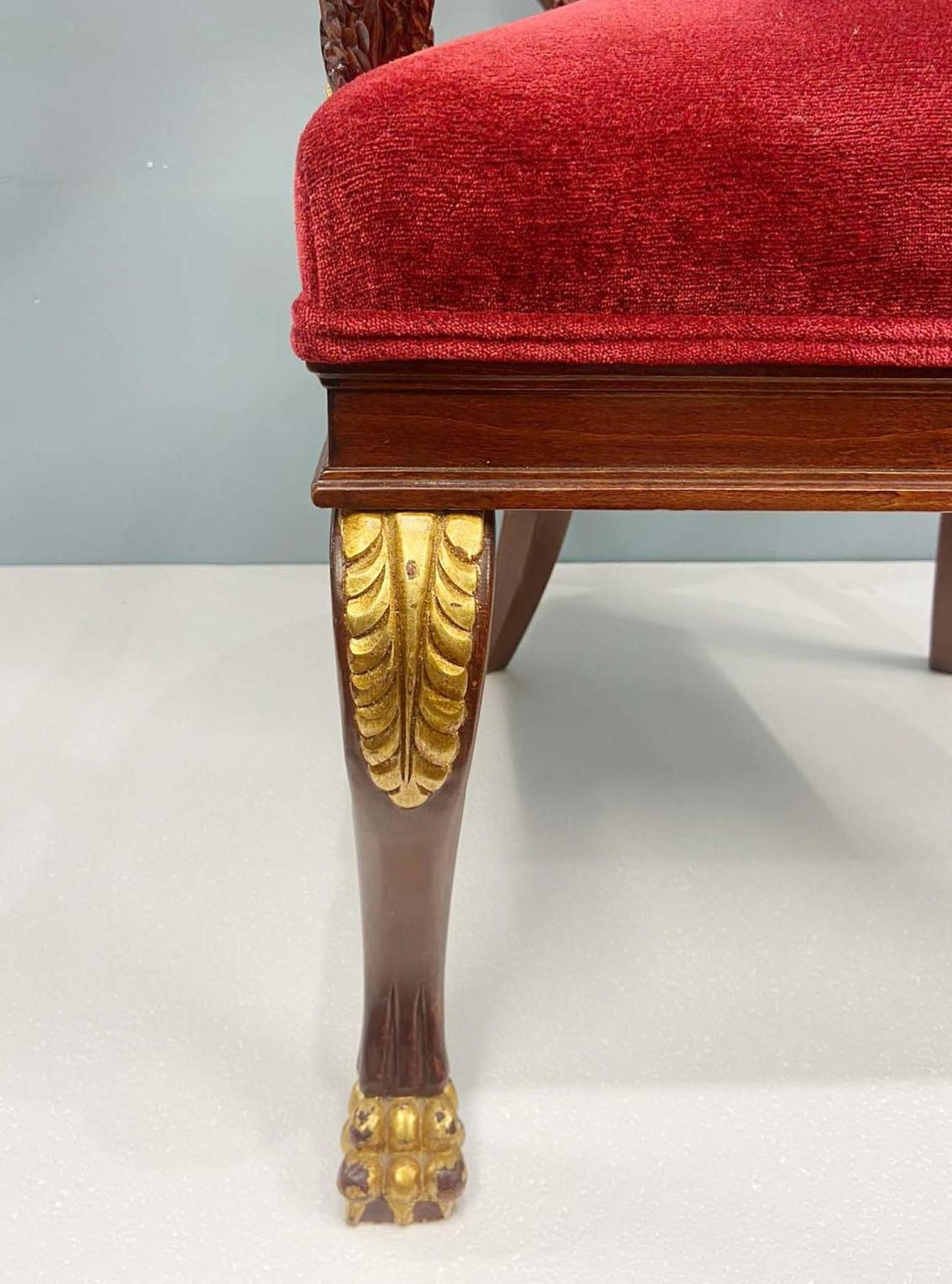 Pair Regency Arm Chairs Carved Mahogany Gilt Revival photo for sale