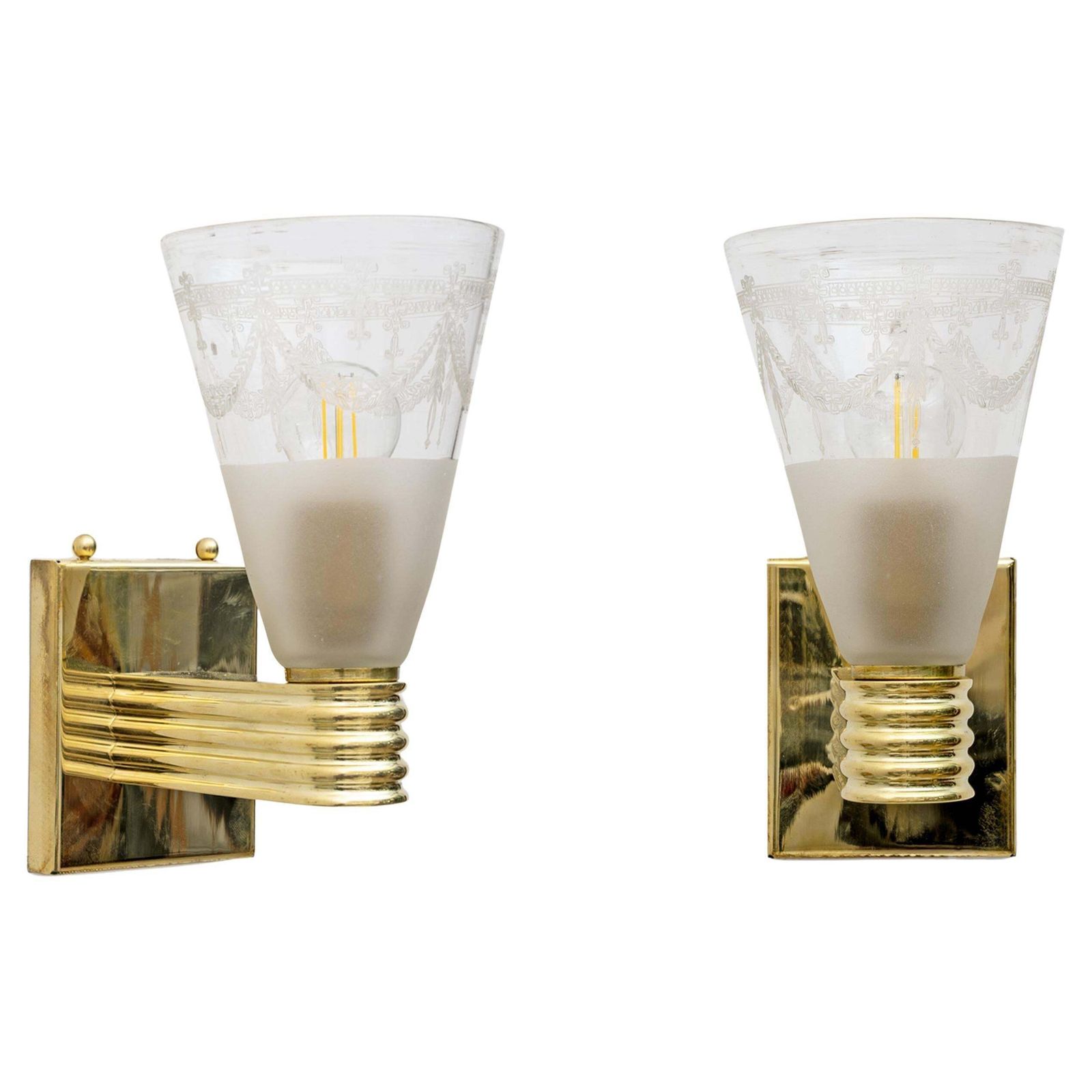Mid Century Domus Blown And Angraved Murano Glass Sconces, Pair