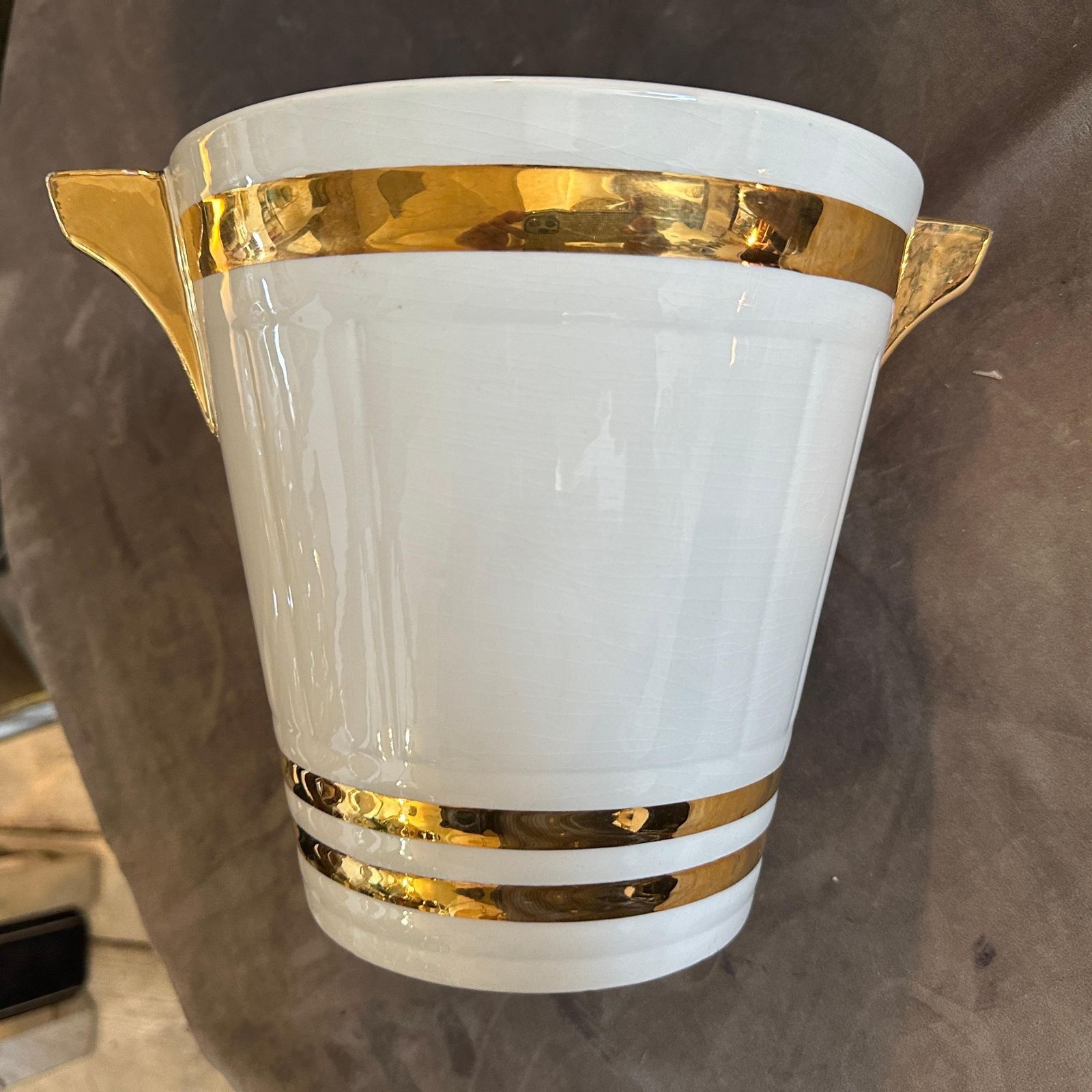 1930s Art Deco White And Gold Ceramic French Champagne Cooler By Sarreguemines photo vinterior