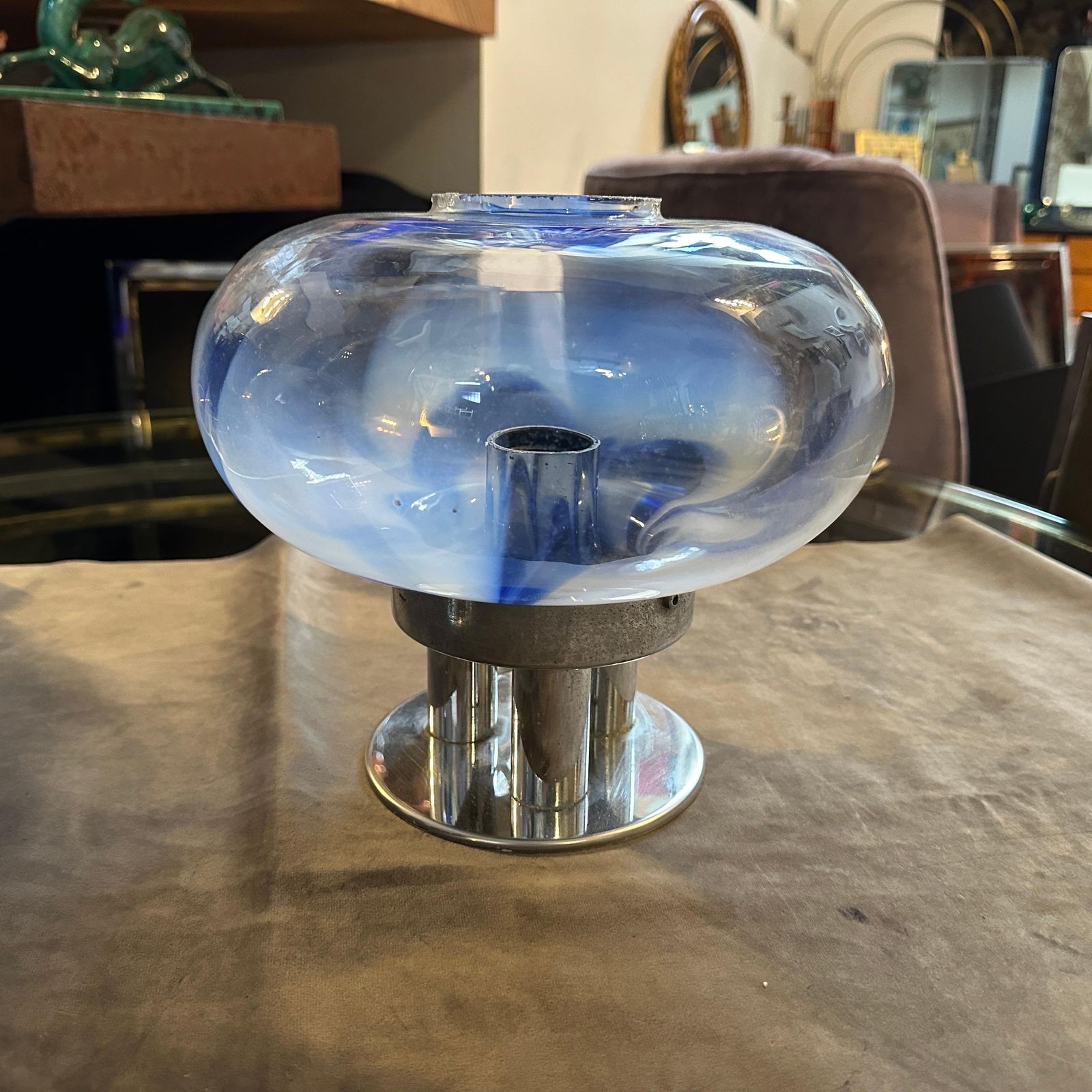 photo vintage Two 1970s Space Age Murano Glass And Steel Table Lamps By Mazzega