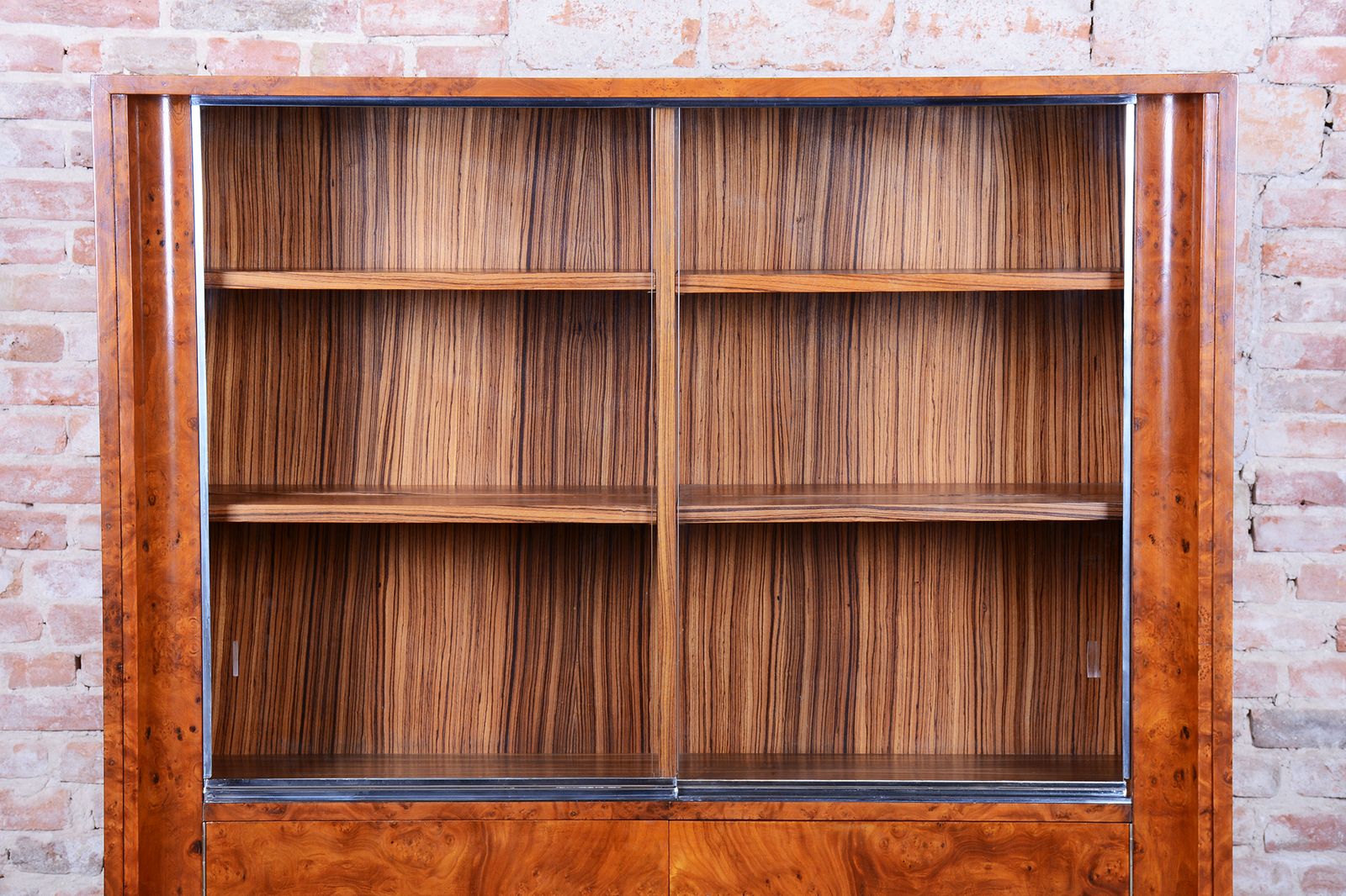 photo furniture Restored Art Deco Bookcase, Elm, Mahogany, Zebrano, Polished, France, 1920s