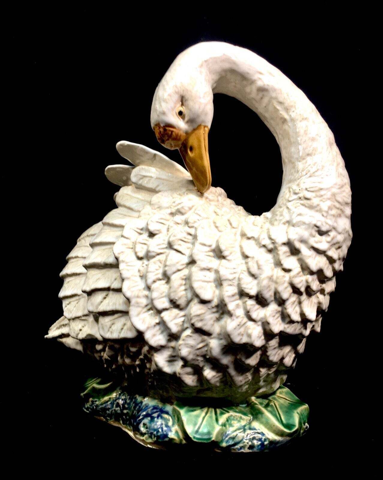 Antique 20th Century Large Sized Ceramic Swan Statue Figurine In Majolica Style photo for sale